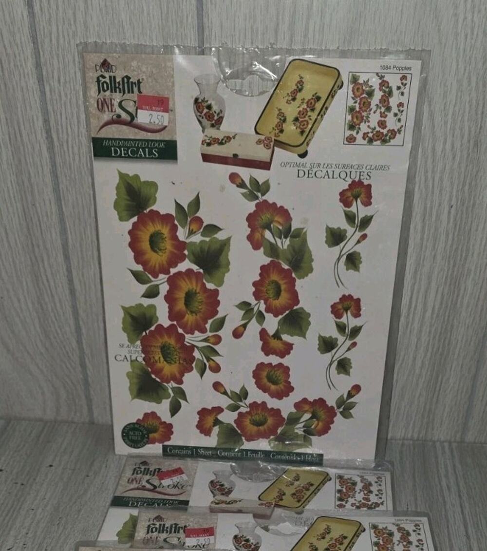 Vintage 2003 Folk Art Handpainted Look Poppies Decals Stickers Lot Of 4 New